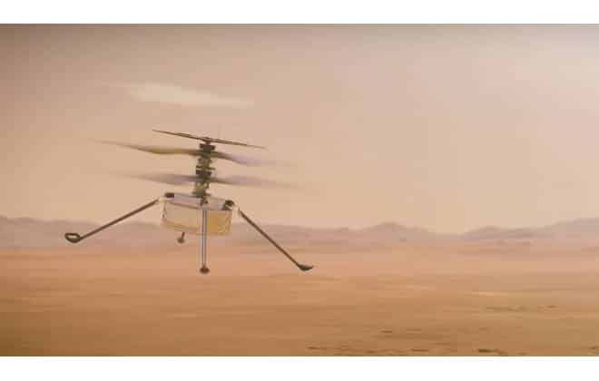 Ilustração do helicóptero Ingenuity sobrevoando a paisagem marciana